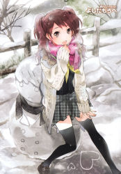 Rule 34 | 1girl, artist name, black thighhighs, breath, brown eyes, brown hair, checkered clothes, checkered skirt, earrings, heart, highres, houndstooth, jacket, jewelry, kujikawa rise, loafers, long hair, narukami yuu, open clothes, open jacket, persona, persona 4, scarf, school uniform, serafuku, shoes, skirt, snow, snowman, solo, swept bangs, thighhighs, turtleneck, twintails, unmoving pattern, yoshida morohe, zettai ryouiki
