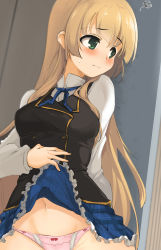 Rule 34 | 1girl, absurdres, against wall, anne (shingeki no bahamut), arm behind back, black vest, blonde hair, blue ribbon, blue skirt, blush, breasts, closed mouth, clothes lift, frilled skirt, frills, frown, granblue fantasy, green eyes, highres, lifted by self, long hair, long sleeves, looking away, looking to the side, medium breasts, miniskirt, momio, navel, neck ribbon, nose blush, panties, pink panties, ribbon, school uniform, shingeki no bahamut, skirt, skirt lift, solo, squiggle, sweat, tareme, underwear, very long hair, vest, white legwear, wide hips