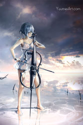 Rule 34 | 1girl, barefoot, blue hair, cello, closed eyes, cloud, commentary, dress, electric cello, english commentary, highres, horizon, instrument, landscape, music, original, reflection, salt flats, short hair, sky, solo, water, watermark, web address, yuumei