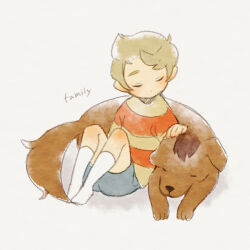 Rule 34 | 1boy, animal, boney, brown dog, brown hair, closed eyes, dog, dot nose, english text, faux traditional media, grey background, grey shorts, lucas (mother 3), male focus, mother (game), mother 3, nintendo, no mouth, petting, shifumame, shirt, short hair, shorts, sitting, socks, striped clothes, striped shirt, white socks