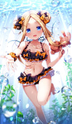 Rule 34 | 1girl, :d, abigail williams (emerald float) (fate), abigail williams (fate), air bubble, barefoot, bikini, black bow, blonde hair, blue eyes, bow, bubble, collarbone, commentary request, double bun, fate/grand order, fate (series), feet, frilled bikini, frills, gluteal fold, hair bow, highres, long hair, looking at viewer, multicolored bikini, multicolored clothes, navel, official alternate costume, open mouth, orange bow, outstretched arm, polka dot, polka dot bow, sasai saji, scrunchie, seaweed, smile, solo, stuffed animal, stuffed toy, swimsuit, teddy bear, thigh gap, underwater, wrist scrunchie