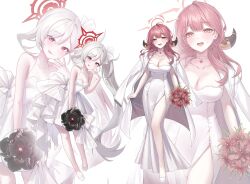 Rule 34 | 2girls, absurdres, alternate costume, aru (blue archive), bare arms, bare shoulders, blue archive, blush, bouquet, breasts, bride, choker, cleavage, closed mouth, collarbone, demon horns, dress, flower, full body, grey hair, halo, highres, holding, holding bouquet, horns, jacket, jacket on shoulders, large breasts, long dress, long hair, looking at viewer, multiple girls, mutsuki (blue archive), open mouth, orange eyes, pink eyes, raki kr, red hair, see-through, side ponytail, side slit, sleeveless, sleeveless dress, small breasts, smile, spider lily, sweatdrop, tongue, tongue out, wedding dress, white background, white choker, white dress, white footwear, white jacket
