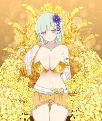 Rule 34 | 10s, 1girl, arm up, bare legs, bare shoulders, belt, bra, breasts, cleavage, detached sleeves, gold, green hair, hair ornament, highres, image sample, jewelry, large breasts, looking at viewer, naraku (senran kagura), navel, official art, red eyes, see-through, senran kagura, senran kagura new wave, short hair, skirt, smile, solo, sparkle, strapless, thick thighs, thighs, twitter sample, underwear, yaegashi nan, yin yang