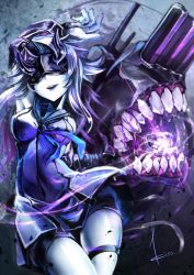 Rule 34 | 10s, 1girl, abyssal ship, arm up, black dress, blindfold, cowboy shot, dress, elbow gloves, gloves, glowing, horns, kantai collection, kito (kito2), light cruiser princess, long hair, mask, necktie, open mouth, pale skin, parted bangs, purple hair, short dress, shorts, signature, sleeveless, smile, solo, teeth, thigh gap, thigh strap, weapon, white background