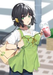 Rule 34 | 1girl, bag, black hair, blue pants, blurry, blurry background, breasts, cleavage, cleavage cutout, clothing cutout, commentary request, cup, denim, depth of field, disposable cup, dress, drinking straw, food, fruit, green dress, green eyes, headphones, highres, holding, holding cup, jeans, kyoumachi seika, looking at viewer, medium breasts, pants, parted lips, shirt, short hair, short sleeves, shoulder bag, solo, strawberry, voiceroid, watch, white shirt, wristwatch, yappen