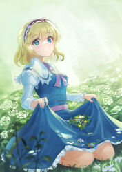 Rule 34 | 1girl, alice margatroid, blonde hair, blue dress, blue eyes, blush, capelet, commentary request, dress, flower, frilled dress, frilled hairband, frills, grass, hair between eyes, hairband, highres, leaf, long sleeves, looking at viewer, menotoa, neckerchief, outdoors, parted lips, partial commentary, red flower, red hairband, red neckerchief, seiza, shirt, short hair, sitting, skirt basket, skirt hold, sleeveless, sleeveless dress, smile, solo, touhou, white capelet, white flower, white shirt