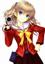 Rule 34 | 10s, 1girl, absurdres, blue eyes, brown hair, brown skirt, camcorder, camera, charlotte (anime), collarbone, hair ornament, hand on own hip, head tilt, highres, holding, holding camera, long hair, looking at viewer, na-ga, one side up, red shirt, school uniform, serafuku, shirt, simple background, skirt, smile, solo, standing, tomori nao, video camera, white background