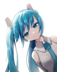 Rule 34 | 1girl, aqua eyes, aqua hair, aqua ribbon, backlighting, bare shoulders, black sleeves, bloom, commentary, detached sleeves, grey shirt, grin, hair ornament, hatsune miku, highres, leaning to the side, long hair, looking at viewer, necktie, ribbon, shirt, sleeveless, sleeveless shirt, smile, solo, twintails, upper body, very long hair, vocaloid, white background, yasai31
