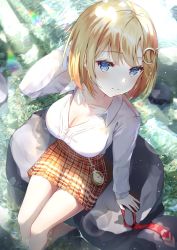 Rule 34 | 1girl, blonde hair, blue eyes, blush, breasts, brown skirt, cleavage, closed mouth, collarbone, commentary, day, feet out of frame, from above, hair ornament, hairclip, hand on own head, highres, hololive, hololive english, hyonee, light rays, long sleeves, looking at viewer, magnifying glass, medium breasts, miniskirt, necktie, unworn necktie, outdoors, plaid, plaid skirt, pleated skirt, pocket watch, rainbow, red necktie, rock, shirt tucked in, short hair, skirt, smile, soaking feet, solo, stream, sunlight, symbol-only commentary, thighs, virtual youtuber, watch, water, watson amelia