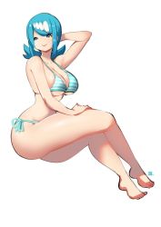 Rule 34 | 1girl, bikini, blue eyes, blue hair, breasts, cleavage, creatures (company), eyebrows, game freak, kenron toqueen, lana&#039;s mother (pokemon), large breasts, long hair, matching hair/eyes, mature female, nintendo, pokemon, pokemon (anime), pokemon sm (anime), ponytail, simple background, sitting, smile, solo, swimsuit, white background