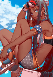 Rule 34 | 1girl, abs, aqua eyes, aqua hair, arm up, armlet, bare legs, bare shoulders, bikini, blue sky, cloud, creatures (company), dark-skinned female, dark skin, day, dishwasher1910, earclip, earrings, from side, game freak, gloves, gym leader, hair bun, holding, holding poke ball, hoop earrings, jewelry, knees up, light smile, lips, long hair, looking at viewer, looking to the side, midriff, nessa (pokemon), nintendo, outdoors, outstretched arm, parted lips, partially fingerless gloves, poke ball, poke ball (basic), pokemon, pokemon swsh, sandals, shorts, sidelocks, single glove, single hair bun, sitting, sky, solo, sportswear, stomach, swimsuit, tankini, toned, very long hair, wristband