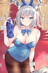 Rule 34 | 1girl, animal ear fluff, animal ears, black pantyhose, blue archive, blue bow, blue bowtie, blue eyes, blue leotard, blurry, blurry background, blush, bow, bowtie, breasts, collarbone, covered navel, cowboy shot, cross hair ornament, detached collar, fake animal ears, fake tail, grey hair, hair ornament, highres, holding, indoors, leotard, looking at viewer, medium breasts, medium hair, mi taro333, mismatched pupils, pantyhose, parted lips, rabbit ears, rabbit tail, shiroko (blue archive), solo, strapless, strapless leotard, tail, wolf ears, wrist cuffs