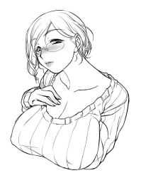 Rule 34 | asakura sakura, bad id, bad pixiv id, blush, breasts, character request, cleavage, covered erect nipples, glasses, greyscale, huge breasts, lips, monochrome, short hair, sketch, solo, sweater