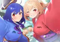 Rule 34 | 2girls, :d, ahoge, black headwear, blonde hair, blue hair, blush, commentary request, drink, earrings, furukawa itsuse, holding, holding drink, japanese clothes, jewelry, kimono, long hair, looking at viewer, multiple girls, obi, one eye closed, open mouth, original, outdoors, ponytail, red eyes, sash, sidelocks, smile, virtual youtuber