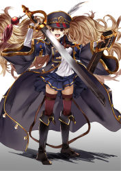 Rule 34 | 10s, 1girl, belt, black footwear, blonde hair, blue skirt, boots, breasts, brown eyes, character request, coat, commentary request, full body, granblue fantasy, hat, holding, holding sword, holding weapon, huge weapon, knee boots, leg belt, long hair, long sleeves, looking at viewer, monica (granblue fantasy), open mouth, oversized object, peaked cap, pleated skirt, ruisento, scabbard, sheath, sheathed, skirt, solo, standing, sword, thighhighs, uniform, very long hair, weapon, wide sleeves, zettai ryouiki