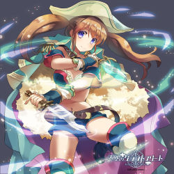 Rule 34 | 1girl, bare shoulders, belt, black background, black footwear, blue shorts, blush, boots, breasts, brown hair, cape, closed mouth, company name, copyright name, detached sleeves, dual wielding, english text, epaulettes, fighting stance, hat, holding, holding knife, knife, leg up, naruse chisato, navel, short sleeves, shorts, smile, solo, tenkuu no craft fleet, twintails, watermark