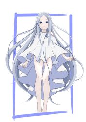 Rule 34 | 1girl, bare shoulders, blue eyes, blue ribbon, colored eyelashes, commentary request, dress, grey hair, hair ribbon, highres, long hair, looking at viewer, mo 0508, naked poncho, off shoulder, open mouth, pandora (re:zero), parted bangs, re:zero kara hajimeru isekai seikatsu, ribbon, ribbon-trimmed clothes, ribbon-trimmed dress, ribbon-trimmed shirt, ribbon trim, simple background, solo, very long hair, white background, white dress