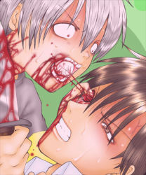 Rule 34 | angry, blood, blush, brown eyes, brown hair, clenched teeth, eyeball, guro, knife, lowres, male focus, mouth hold, red eyes, short hair, silver hair, sweat, teeth, veins