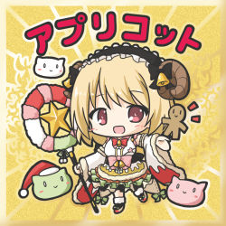 Rule 34 | 1girl, :d, apricot (flower knight girl), bell, bikkuriman (style), black bow, black hairband, black socks, blonde hair, blush, bow, breasts, character name, chibi, curled horns, detached sleeves, flower knight girl, frilled hairband, frills, full body, fur-trimmed legwear, fur-trimmed sleeves, fur trim, hairband, hat, holding, holding staff, horns, long hair, long sleeves, looking at viewer, medium breasts, open mouth, parody, pink bow, red eyes, red hat, ri-net, santa hat, sheep horns, shirt, skirt, sleeveless, sleeveless shirt, smile, socks, solo, staff, standing, standing on one leg, star (symbol), waist bow, white shirt, wide sleeves