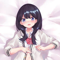 Rule 34 | 1girl, black hair, blush, bow, bowtie, breasts, cardigan, cirnos, collarbone, commentary request, gridman universe, long hair, long sleeves, looking at viewer, lying, medium breasts, on back, open mouth, purple eyes, red bow, solo, ssss.gridman, takarada rikka