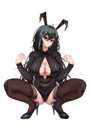 Rule 34 | 1girl, absurdres, animal ears, azur lane, black footwear, black hair, black shirt, breasts, brown thighhighs, center opening, chuer 722, cleavage, collared shirt, fake animal ears, full body, hair between eyes, high heels, highres, huge breasts, long hair, long sleeves, looking at viewer, rabbit ears, red eyes, shirt, shoes, simple background, solo, spread legs, squatting, taihou (azur lane), thighhighs, white background