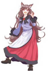 Rule 34 | 1girl, :d, animal ear fluff, animal ears, breasts, brown hair, commentary request, dress, fang, fingernails, hand up, highres, imaizumi kagerou, kashiwada kiiho, long hair, long sleeves, medium breasts, nail polish, open mouth, pink eyes, red nails, red skirt, sharp fingernails, simple background, skin fang, skirt, smile, solo, standing, standing on one leg, swept bangs, touhou, very long fingernails, very long hair, white background, white dress, wide sleeves, wolf ears