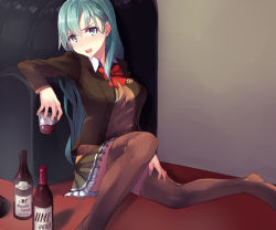 Rule 34 | 10s, 1girl, apo (apos2721), brown thighhighs, drunk, hair between eyes, indoors, kantai collection, long hair, miniskirt, personification, sitting, skirt, solo, suzuya (kancolle), thighhighs, very long hair
