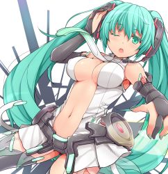 Rule 34 | 1girl, ;o, amane hasuhito, bad id, bad pixiv id, bare shoulders, black gloves, black thighhighs, blush, breasts, bridal gauntlets, cleavage, elbow gloves, gloves, green eyes, green hair, hatsune miku, hatsune miku (append), headset, large breasts, long hair, looking at viewer, matching hair/eyes, navel, necktie, one eye closed, open mouth, skirt, sleeveless, solo, thighhighs, twintails, vocaloid, vocaloid append, wink