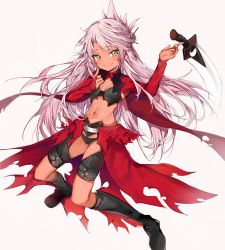 Rule 34 | 1girl, absurdres, armor, black footwear, blush, boots, breastplate, breasts, cape, chloe von einzbern, closed mouth, dark-skinned female, dark skin, fate/kaleid liner prisma illya, fate (series), hair ornament, hairpin, half updo, highres, kanshou &amp; bakuya (fate), knee boots, long hair, long sleeves, looking at viewer, navel, orange eyes, pink hair, red cape, shrug (clothing), silver (chenwen), small breasts, smile, solo, stomach tattoo, sword, tattoo, waist cape, weapon