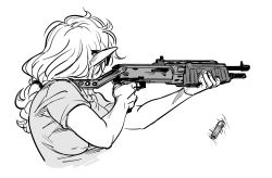 Rule 34 | 1girl, aiming, bb (baalbuddy), dual-mode shotgun, elf, finger on trigger, from behind, greyscale, gun, highres, holding, holding gun, holding weapon, long hair, monochrome, motion blur, original, pointy ears, ponytail, pump-action shotgun, pump action, semi-automatic shotgun, short sleeves, shotgun, shotgun shell, simple background, solo, spas-12, sunglasses, upper body, weapon, white background