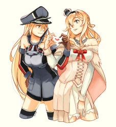 Rule 34 | 2girls, anchor hair ornament, bare shoulders, bismarck (kancolle), blonde hair, blue eyes, braid, corset, cowboy shot, cross, crown, detached sleeves, dress, elbow gloves, eye contact, flower, french braid, garter straps, gloves, grey legwear, hair between eyes, hair ornament, hands on own hips, hat, heart, iron cross, kantai collection, kriegsmarine, leaning forward, long hair, long sleeves, looking at another, military, military hat, military uniform, mini crown, multiple girls, off-shoulder dress, off shoulder, parted lips, peaked cap, red flower, red rose, rose, simple background, smile, standing, thighhighs, uniform, very long hair, warspite (kancolle), weidashming, white background, white dress, white legwear, yuri