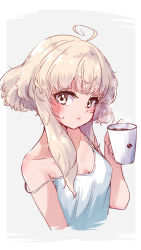 Rule 34 | 1girl, absurdres, ahoge, blonde hair, coffee, coffee mug, commentary, cup, highres, holding, holding cup, megateru, mug, original, short hair with long locks, simple background, solo, spaghetti strap, strap slip, tank top, upper body, yellow eyes
