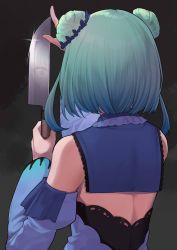 Rule 34 | 1girl, blue hair, crazy eyes, detached sleeves, double bun, from behind, glint, gradient hair, green hair, hair bun, highres, holding, holding knife, hololive, juliet sleeves, knife, long sleeves, looking at viewer, mikan (chipstar182), multicolored hair, puffy sleeves, red eyes, reflection, solo, upper body, uruha rushia, uruha rushia (1st costume), virtual youtuber, wide-eyed
