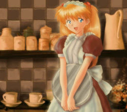 Rule 34 | apron, blue eyes, cup, dress, long hair, lowres, maid, maid apron, neon genesis evangelion, non-web source, pitcher (container), red hair, smile, solo, souryuu asuka langley, tray