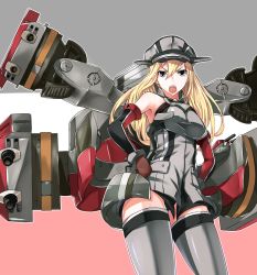 Rule 34 | 10s, 1girl, bad id, bad pixiv id, bismarck (kancolle), bismarck kai (kancolle), blonde hair, blue eyes, blush, breasts, brown gloves, cannon, detached sleeves, gloves, grey thighhighs, hat, highres, kantai collection, long hair, looking at viewer, makkori, military, military hat, military uniform, open mouth, peaked cap, personification, solo, thighhighs, uniform