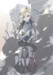 1girl arm_armor arm_strap black_corset black_footwear black_gloves black_skirt blank_stare blonde_hair blue_eyes blue_neckerchief boots breasts clear_sky cleavage commission concrete corset crack cracked_wall dappled_sunlight dust elbow_gloves exhausted garter_belt garter_straps gloves hand_on_own_arm highres hiroko_(megami_tensei) jacket knee_boots light_particles makeup mascara mole neckerchief outdoors partially_open_jacket pencil_skirt red_gloves rubble ryokuyuu shin_megami_tensei shin_megami_tensei_ii shoulder_pads single_elbow_glove skeb_commission skirt sky steel_beam stone_building sunlight swept_bangs white_jacket wind