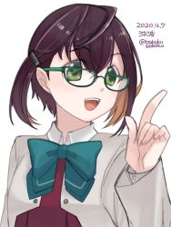 Rule 34 | 1girl, black hair, blazer, blue-framed eyewear, bobokuboboku, bow, bowtie, character name, commentary request, dated, glasses, green bow, green bowtie, green eyes, index finger raised, jacket, kantai collection, multicolored hair, okinami (kancolle), okinami kai ni (kancolle), one-hour drawing challenge, pink hair, school uniform, short hair, simple background, solo, twitter username, upper body, white background