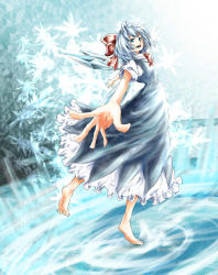 Rule 34 | 1girl, bad anatomy, barefoot, blue dress, blue eyes, blue hair, bow, cirno, dress, female focus, full body, gradient background, hair bow, hato (pixiv1603743), highres, ice, ice wings, looking at viewer, madara hato, neck ribbon, open mouth, red bow, red ribbon, ribbon, shirt, short hair, short sleeves, snowflakes, solo, teeth, touhou, white shirt, wings