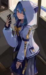 Rule 34 | 1girl, blue eyes, blue hair, blue sailor collar, blue skirt, bow, bowtie, cellphone, glaring, highres, holding, holding phone, hololive, hood, hood up, hooded jacket, hoshimachi suisei, hoshimachi suisei (school uniform), jacket, long sleeves, looking at viewer, outdoors, parted lips, phone, sailor collar, school uniform, serafuku, skirt, smartphone, solo, standing, vergil mon, virtual youtuber, yellow bow, yellow bowtie