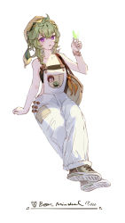 Rule 34 | 1girl, absurdres, badge, bag, bear minstrel, bracelet, button badge, casual, collei (genshin impact), commentary, cross-laced footwear, full body, genshin impact, green footwear, green hair, highres, invisible chair, jewelry, overalls, parted lips, purple eyes, shoes, shoulder bag, simple background, sitting, solo, white background, white overalls, yellow headwear