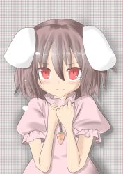 Rule 34 | 1girl, animal ears, bad id, bad pixiv id, blush, brown hair, rabbit ears, carrot, carrot necklace, clenched hands, dress, female focus, frown, grey background, hands on own chest, high collar, inaba tewi, index finger raised, jewelry, looking at viewer, necklace, pendant, pink dress, puffy sleeves, red eyes, short hair, short sleeves, solo, striped, striped background, touhou, upper body, warashi