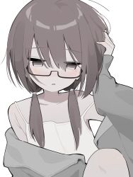 1girl absurdres brown_eyes brown_hair camisole facing_viewer glasses grey_jacket hair_between_eyes hand_in_own_hair highres jacket light_blush looking_down low_twintails medium_hair myomuron off_shoulder original parted_lips short_twintails simple_background sleeves_past_wrists solo twintails white_background white_camisole