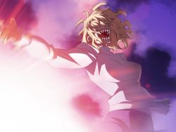 Rule 34 | 00s, 1girl, arcueid brunestud, blonde hair, game cg, hair over eyes, laughing, long sleeves, melty blood, messy hair, official art, purple skirt, red arcueid, sharp teeth, skirt, sky, solo, sweater, takeuchi takashi, teeth, textless version, tsukihime, type-moon, upper body, white sweater