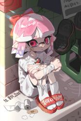Rule 34 | 1girl, alley, ankle socks, bandaged arm, bandages, bandaid, bandaid on arm, bandaid on face, black shorts, blush, boots, bow, commentary, crossed arms, dot nose, gradient hair, hair bow, highres, hugging own legs, inkling, inkling girl, inkling player character, medium hair, multicolored hair, nintendo, parted lips, pink eyes, pink hair, pointy ears, purple hair, red bow, red footwear, sandals, shirt, short sleeves, shorts, sitting, socks, sodamika, solo, splatoon (series), symbol-only commentary, tearing up, tentacle hair, two-tone hair, unworn boots, white shirt, white socks