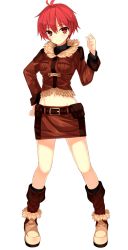Rule 34 | 1girl, ahoge, belt, belt pouch, boots, brown footwear, brown jacket, brown skirt, full body, fur trim, hand on own hip, hand up, jacket, looking at viewer, navel, official art, patriarch xtasy, pencil skirt, pouch, red eyes, red hair, short hair, silvia ryersten, skirt, smile, solo, standing, transparent background
