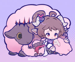 Rule 34 | 1girl, animal ears, arknights, artist name, blush, chibi, closed mouth, commentary, dolly (arknights), english commentary, eyjafjalla (arknights), horns, long hair, red eyes, sharktuna, sheep, sheep ears, sheep girl, sheep horns, side ponytail, solo