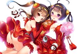 Rule 34 | 2girls, :o, ahoge, alternate costume, arm garter, armpits, ass, azur lane, bare shoulders, blunt bangs, blush, breasts, bridal garter, brown hair, china dress, chinese clothes, cleavage, cleavage cutout, clothing cutout, commentary request, detached sleeves, dress, elbow gloves, flower, frilled sleeves, frills, from behind, gloves, hair rings, hairband, hairpods, halter dress, halterneck, kneeling, koyama sao, leaning forward, light particles, long hair, long sleeves, looking at viewer, looking back, medium breasts, multiple girls, ning hai (azur lane), nose blush, open mouth, panties, ping hai (azur lane), pink flower, pink rose, print dress, purple eyes, purple hair, red dress, red eyes, red gloves, red panties, rose, shiny clothes, simple background, stuffed animal, stuffed panda, stuffed toy, tassel, twintails, underwear, upskirt, white background, wide sleeves