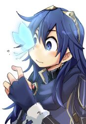 Rule 34 | 1girl, black sweater, blue butterfly, blue cape, blue gloves, blue hair, blush, bug, butterfly, butterfly on nose, cape, closed mouth, fingerless gloves, fire emblem, fire emblem awakening, gloves, glowing butterfly, hair between eyes, highres, insect, long hair, long sleeves, lucina (fire emblem), nintendo, shippo3101, simple background, solo, sweater, tiara, turtleneck, turtleneck sweater, white background