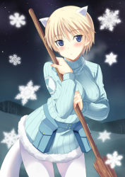 Rule 34 | 10s, 1girl, animal ears, bad id, bad pixiv id, belt pouch, blonde hair, blue eyes, blush, brave witches, breasts, breath, broom, ferret ears, ferret tail, fur, fur trim, holding, kyogoku shin, looking at viewer, medium breasts, night, night sky, nikka edvardine katajainen, outdoors, pantyhose, pouch, ribbed sweater, scan, short hair, sky, snow, snowflakes, solo, star (sky), starry sky, strike witches, sweater, tail, turtleneck, white pantyhose, winter, winter clothes, world witches series