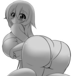 Rule 34 | 1girl, ass, blush, breasts, female focus, from behind, highres, huge breasts, kneeling, long hair, looking back, monochrome, moralgear, shiny skin, smile, solo